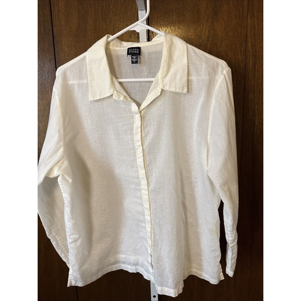 Eileen Fisher Shirt Lg Cream Button Down Long Organic Cotton Long Sleeve Thin